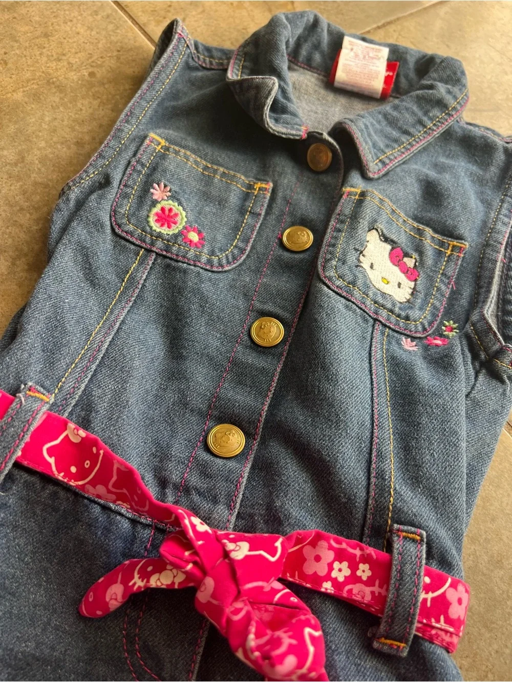 Sanrio Hello Kitty Denim Dress Girls SZ 6 Ruffle Hem Pink Belt Kawaii y2k
